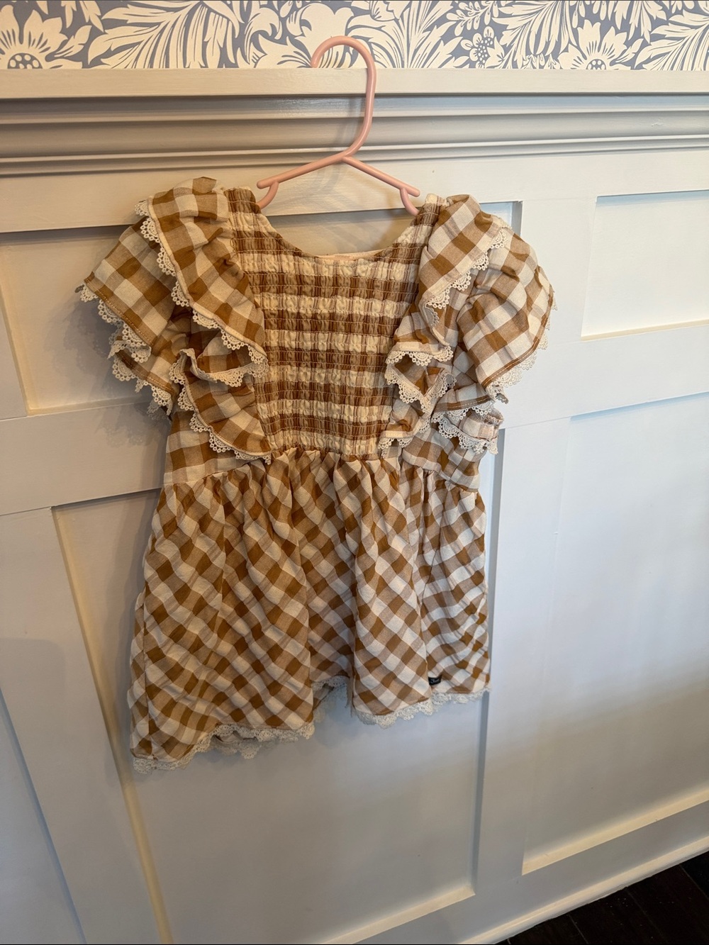 Matilda Jane Tan & White Gingham Smocked Ruffle Top with Lace